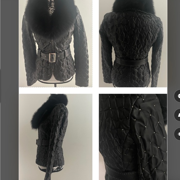CACHE QUILTED SOFT LEATHER FOX FUR DETACHABLE COLLAR, SILVER DETAILING ON JACKET - Picture 7 of 16